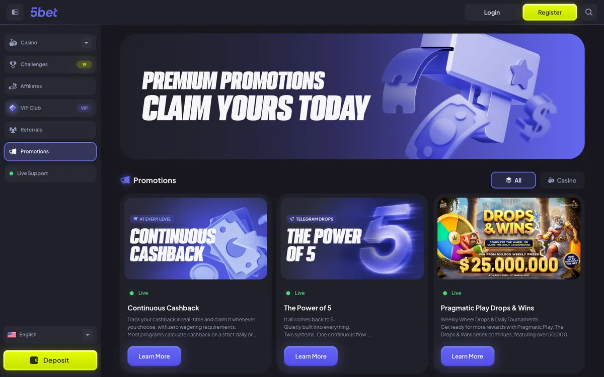 5bet Casino — Promotions, captured from Austria