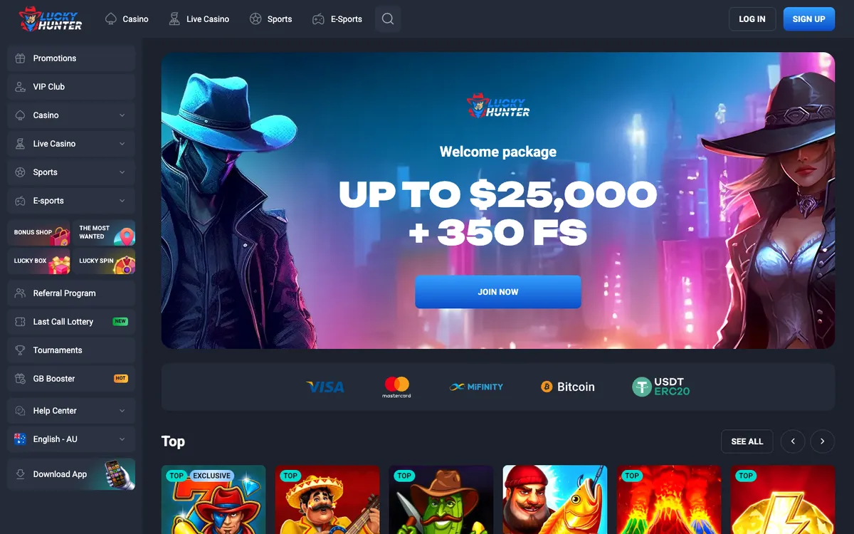 Lucky Hunter Casino — Home page, captured from Australia