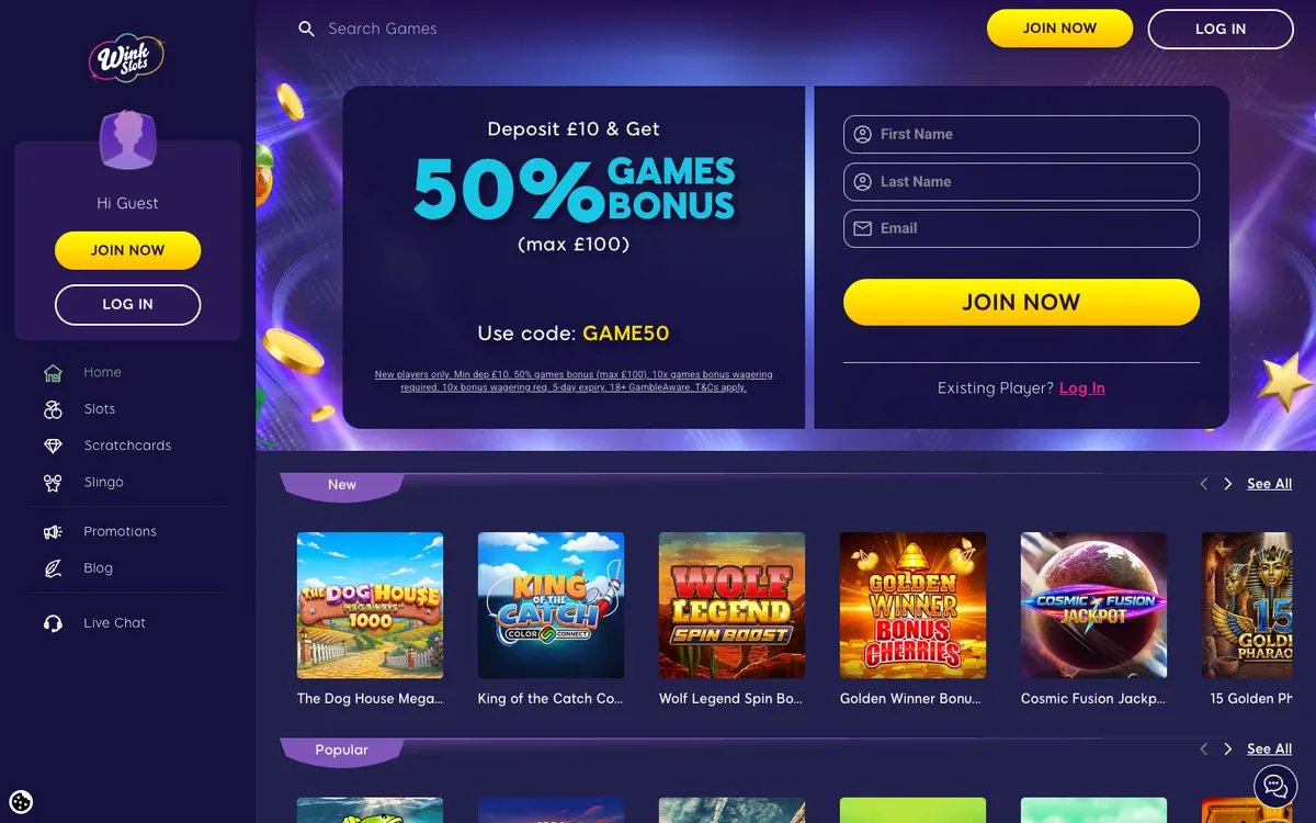 Wink Slots Casino — Home page, captured from United Kingdom