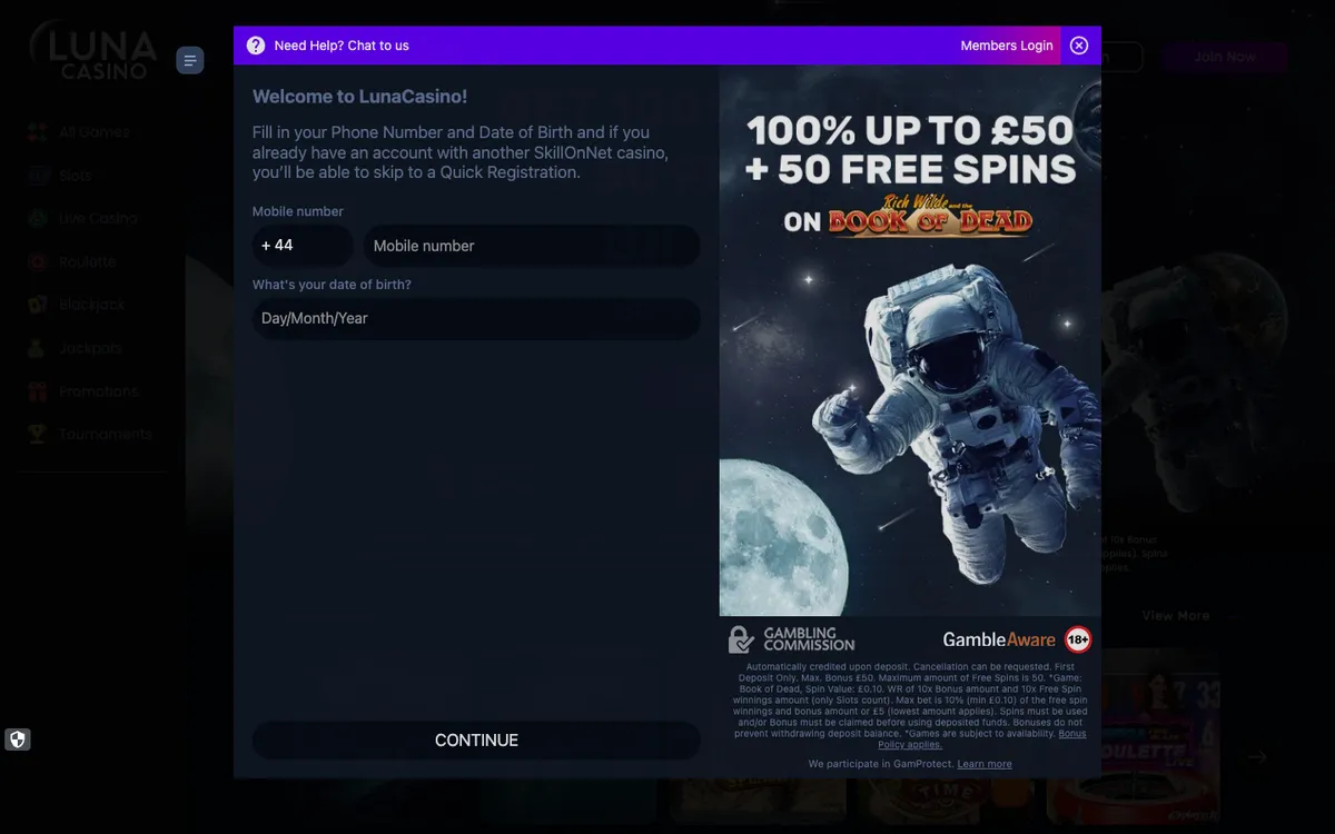 Luna Casino — Sign-up, captured from United Kingdom