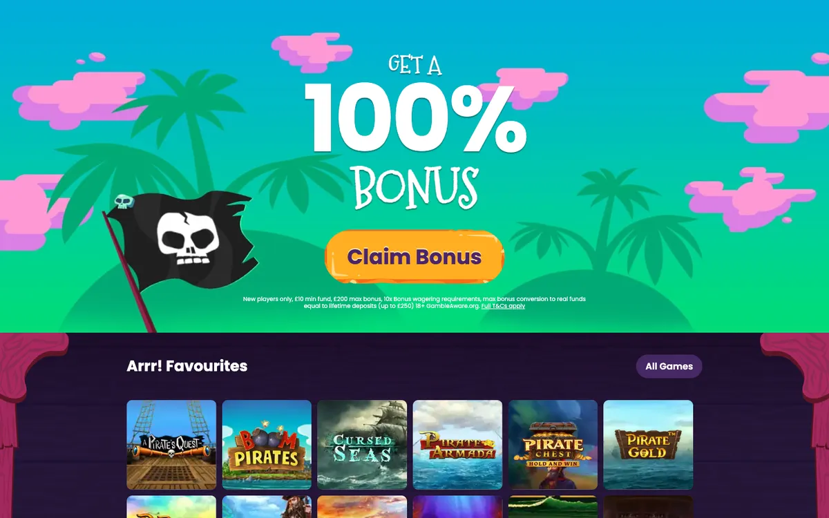Pirate Slots Casino — Home page, captured from United Kingdom