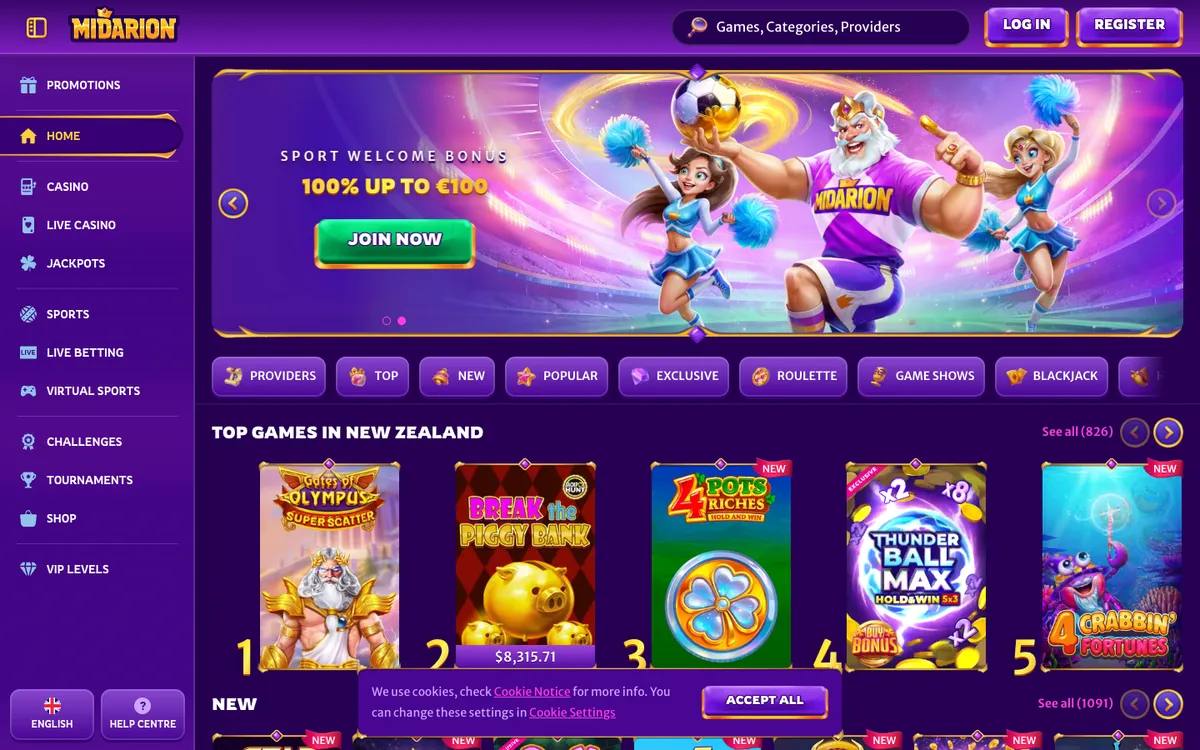 Midarion Casino — Home page, captured from New Zealand