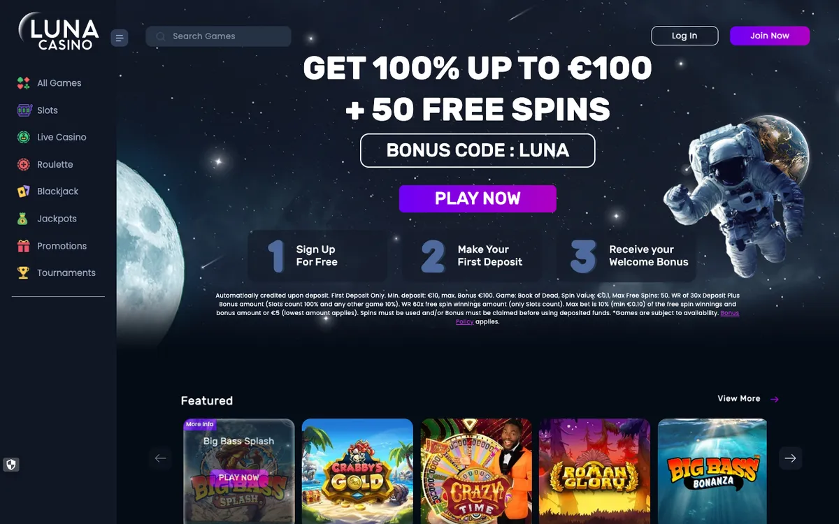 Luna Casino — Home page, captured from Finland