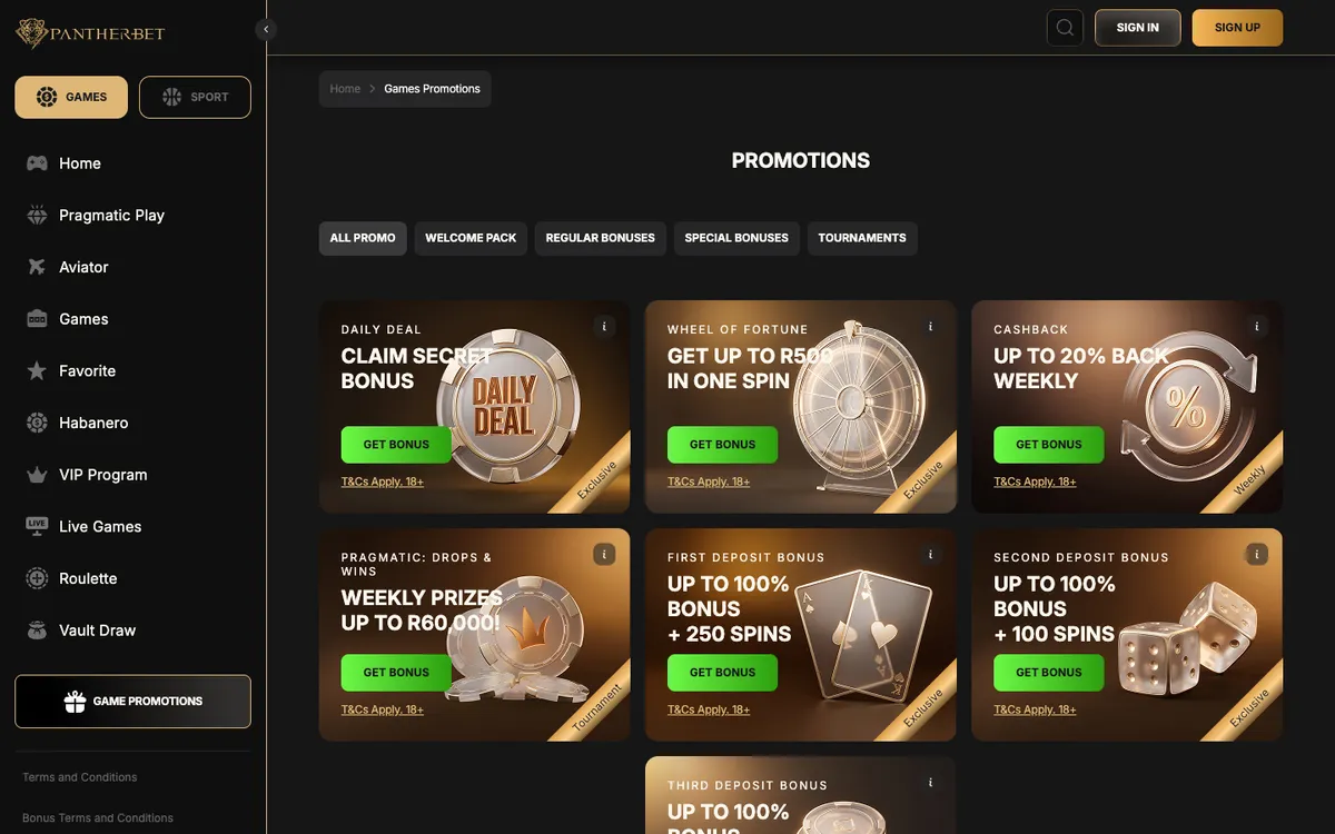 PantherBet Casino — Promotions, captured from South Africa