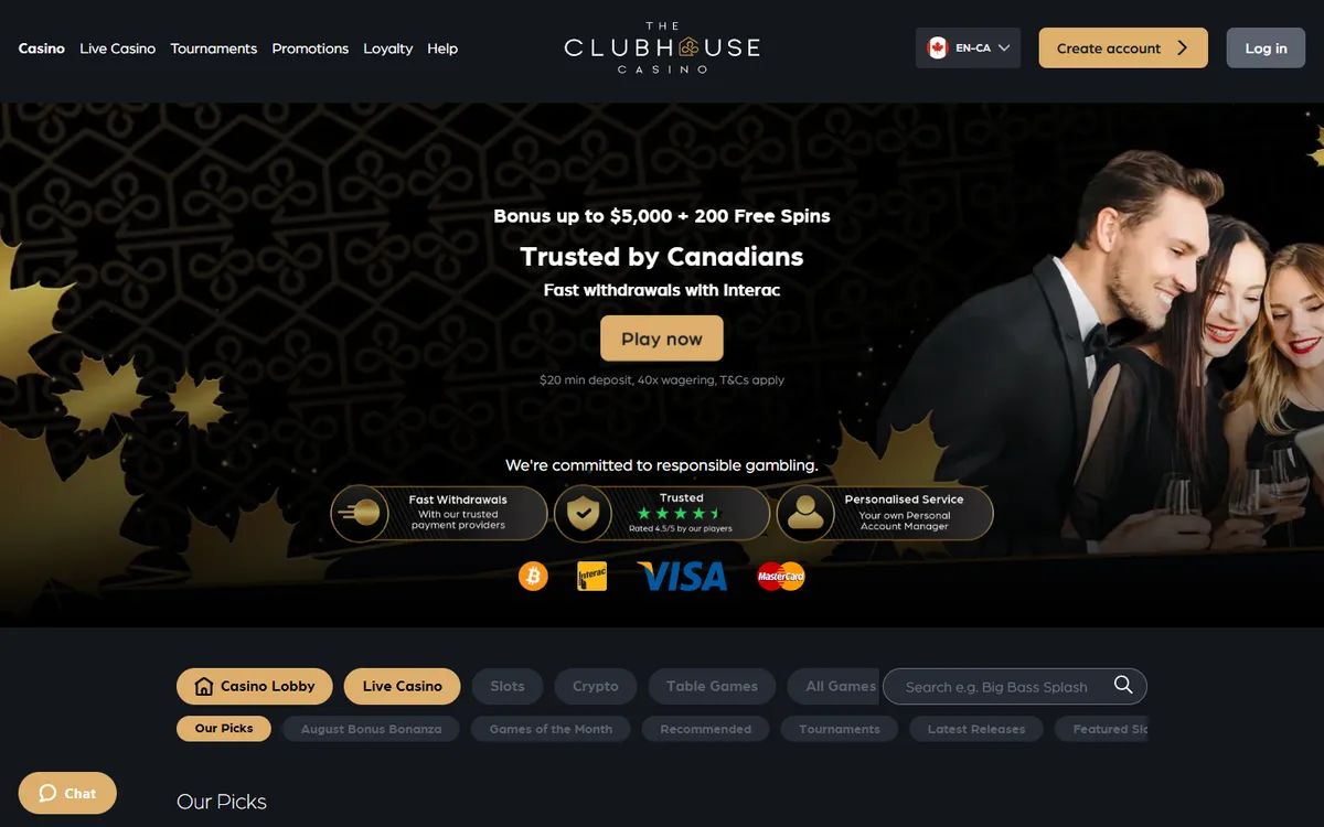 The ClubHouse Casino — Home page, captured from Canada