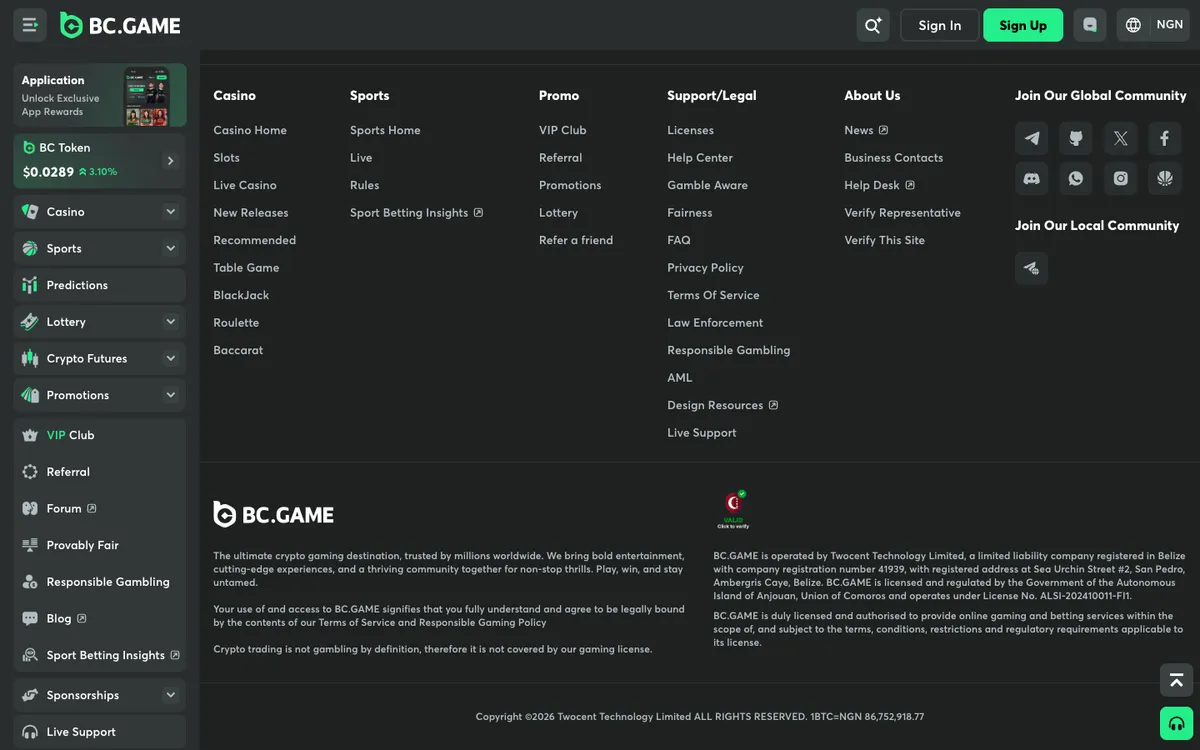 BC.Game Casino — Home page, captured from Nigeria