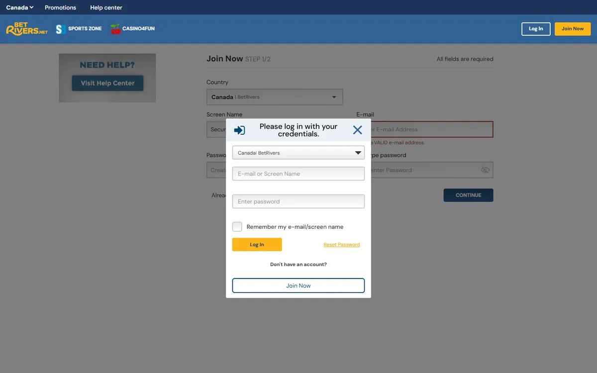 BetRivers Social Casino Ontario — Sign-up, captured from Canada