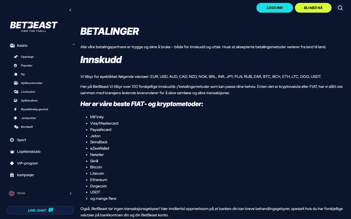 BetBeast Casino — Payments, captured from Norway