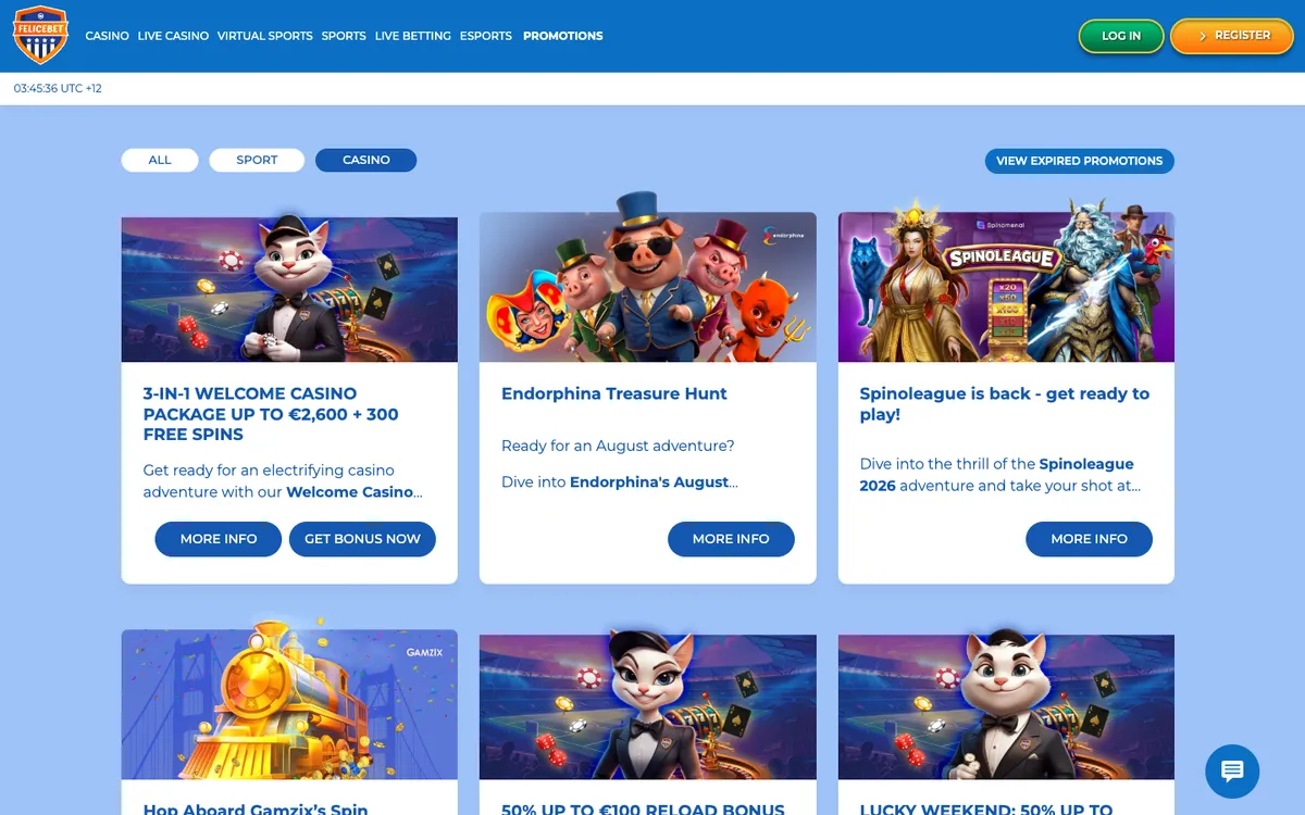 FeliceBet Casino — Promotions, captured from New Zealand