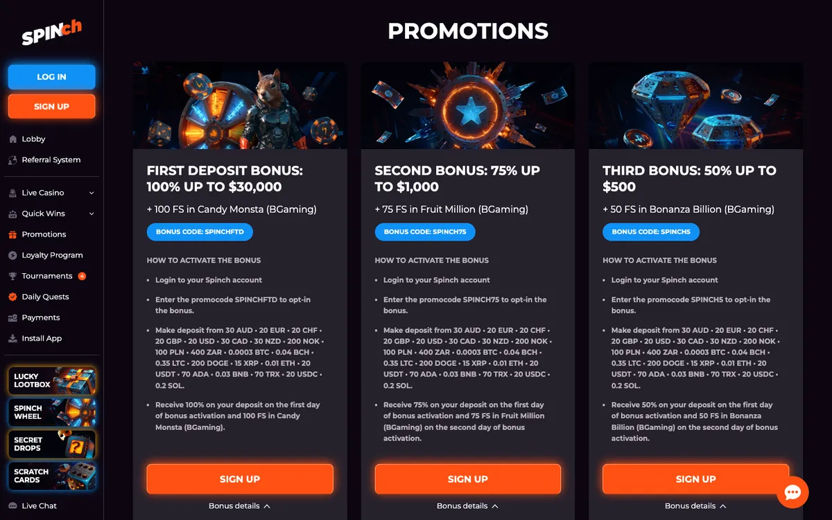 Spinch Casino — «Акции», снято из страны Австралия