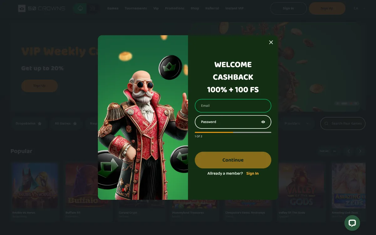 50 Crowns Casino — Sign-up, captured from Canada