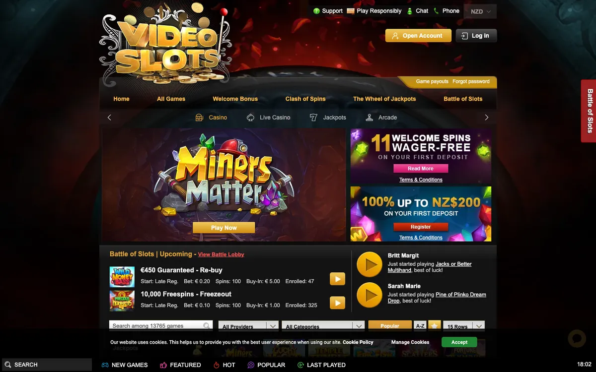 Videoslots Casino — Home page, captured from New Zealand