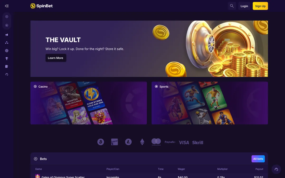 SpinBet Casino — «Главная», снято из страны Канада