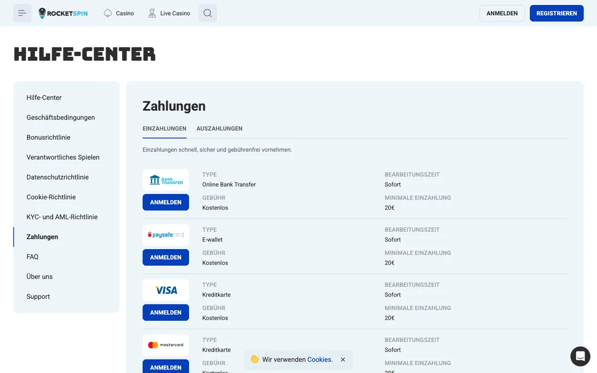 Rocket Spin Casino — Payments, captured from Austria