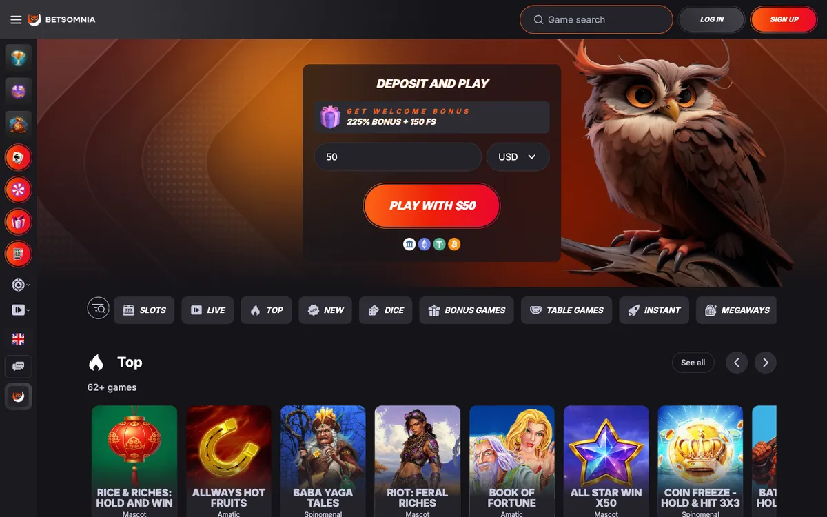 Betsomnia Casino — Home page, captured from Brazil