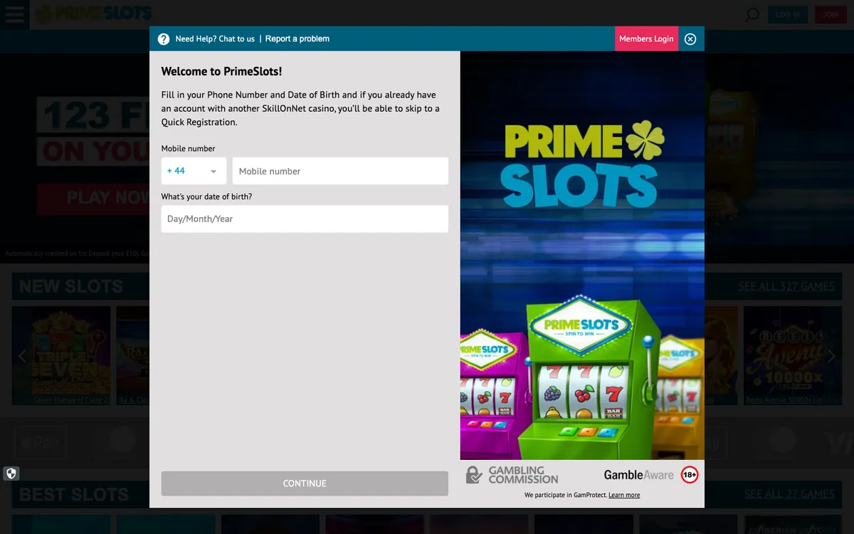 Prime Slots Casino — Sign-up, captured from United Kingdom