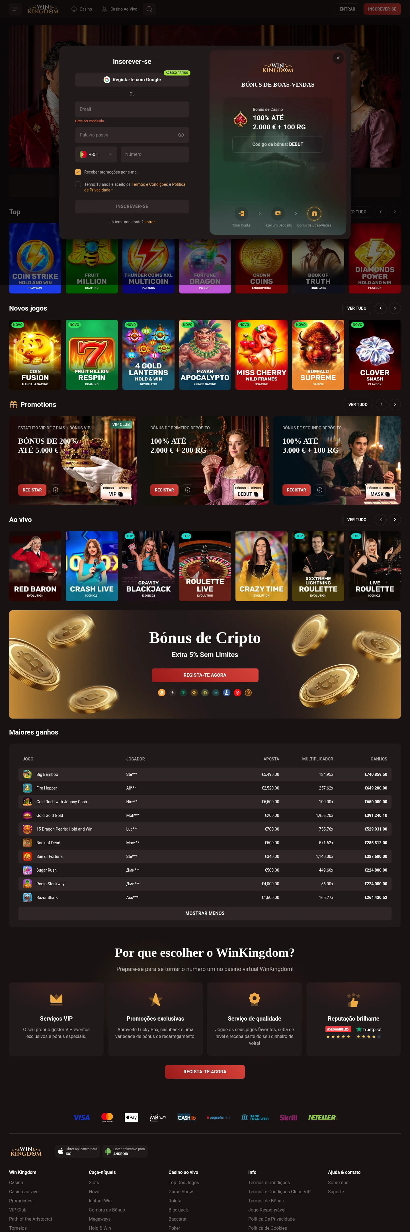 MegaFishWins Casino — Sign-up, captured from Portugal