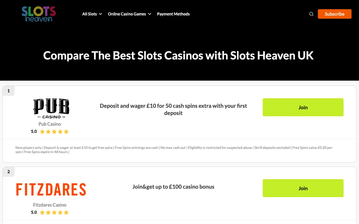 Slots Heaven Casino — Sign-up, captured from United Kingdom