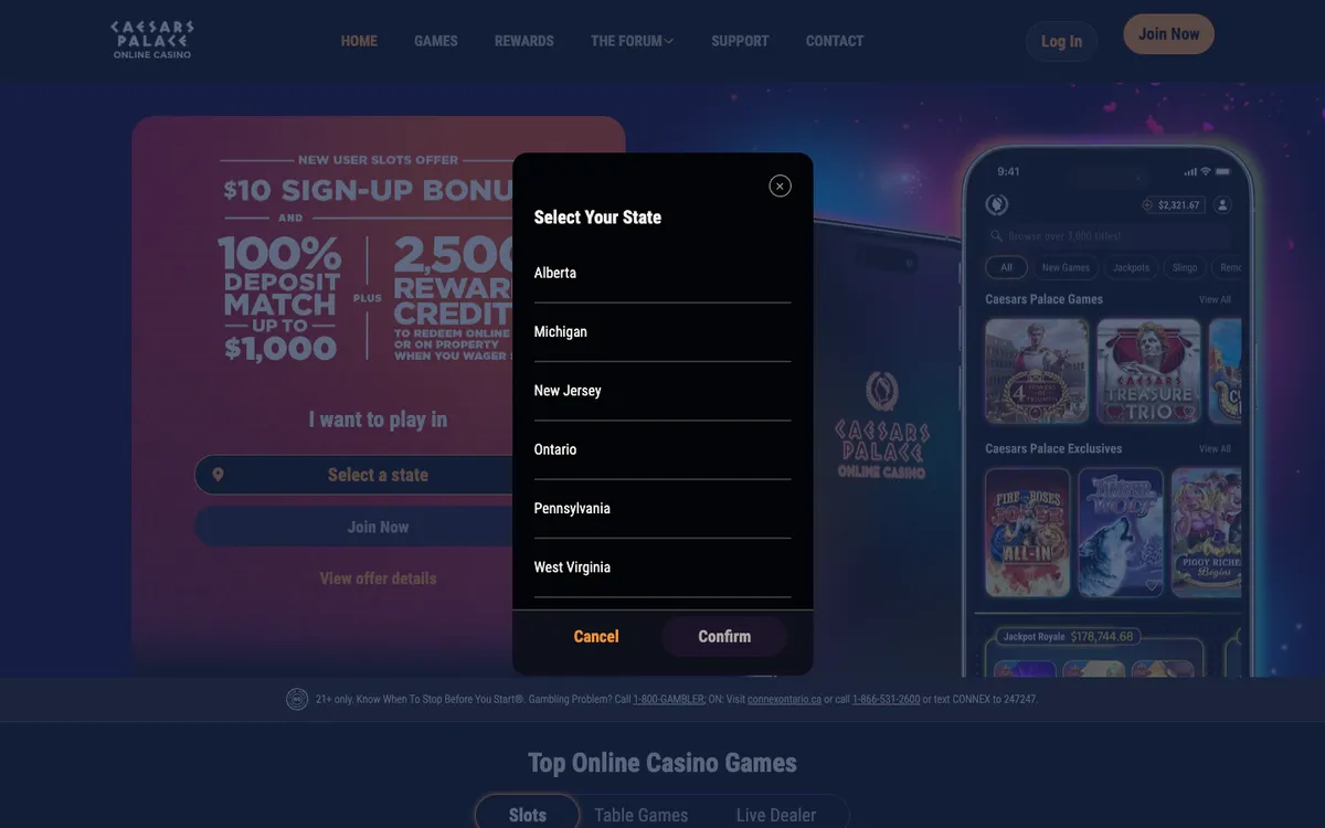 Caesars Palace Casino USA — Sign-up, captured from United States