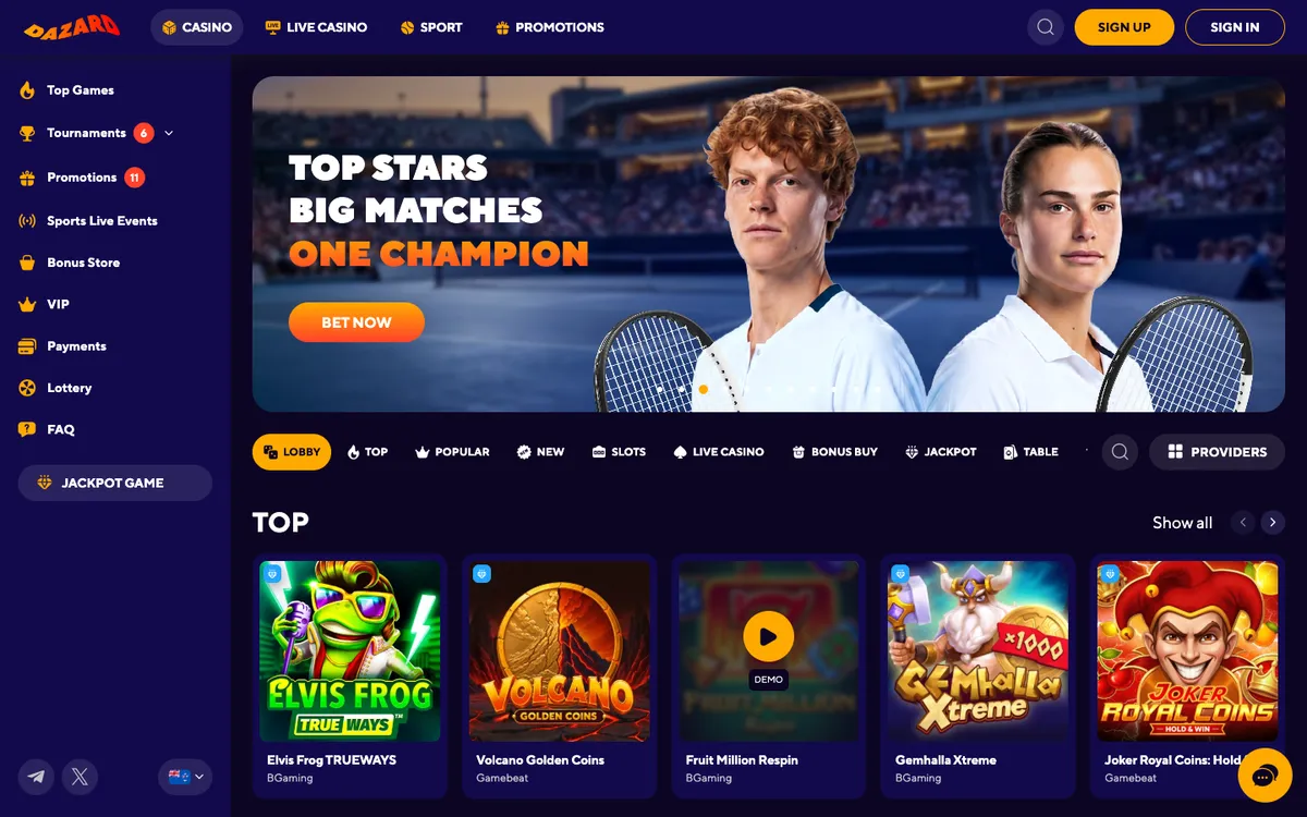 Dazard Casino — «Главная», снято из страны Новая Зеландия