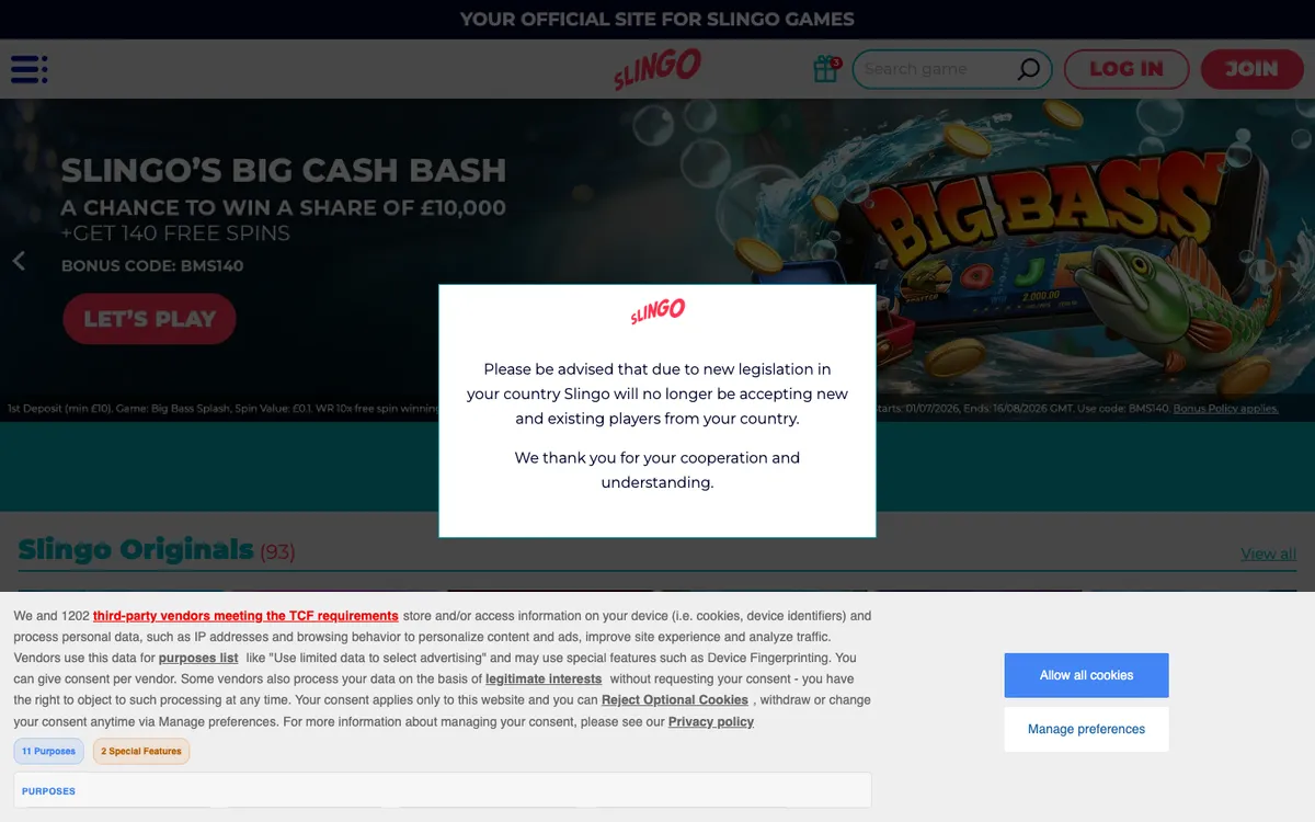 Slingo Casino — Home page, captured from Australia