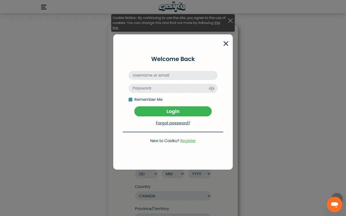 Casiku Casino — Sign-up, captured from Canada