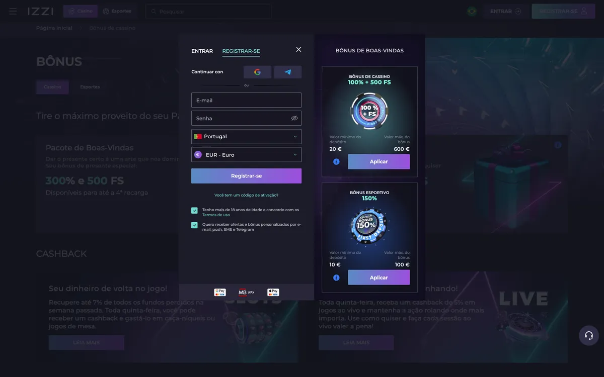 Izzi Casino — Promotions, captured from Portugal