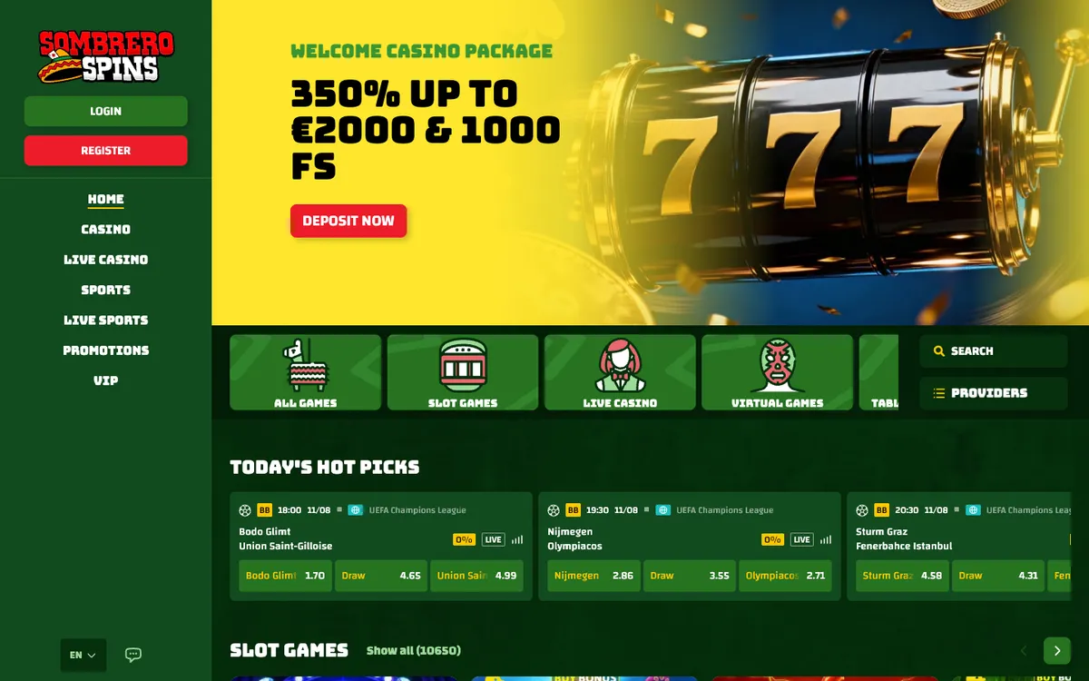 Sombrero Spins Casino — Home page, captured from Portugal