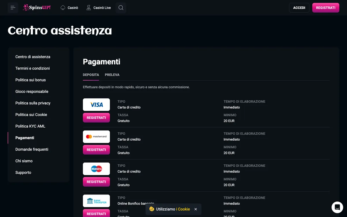 SpinsUP Casino — Payments, captured from Italy