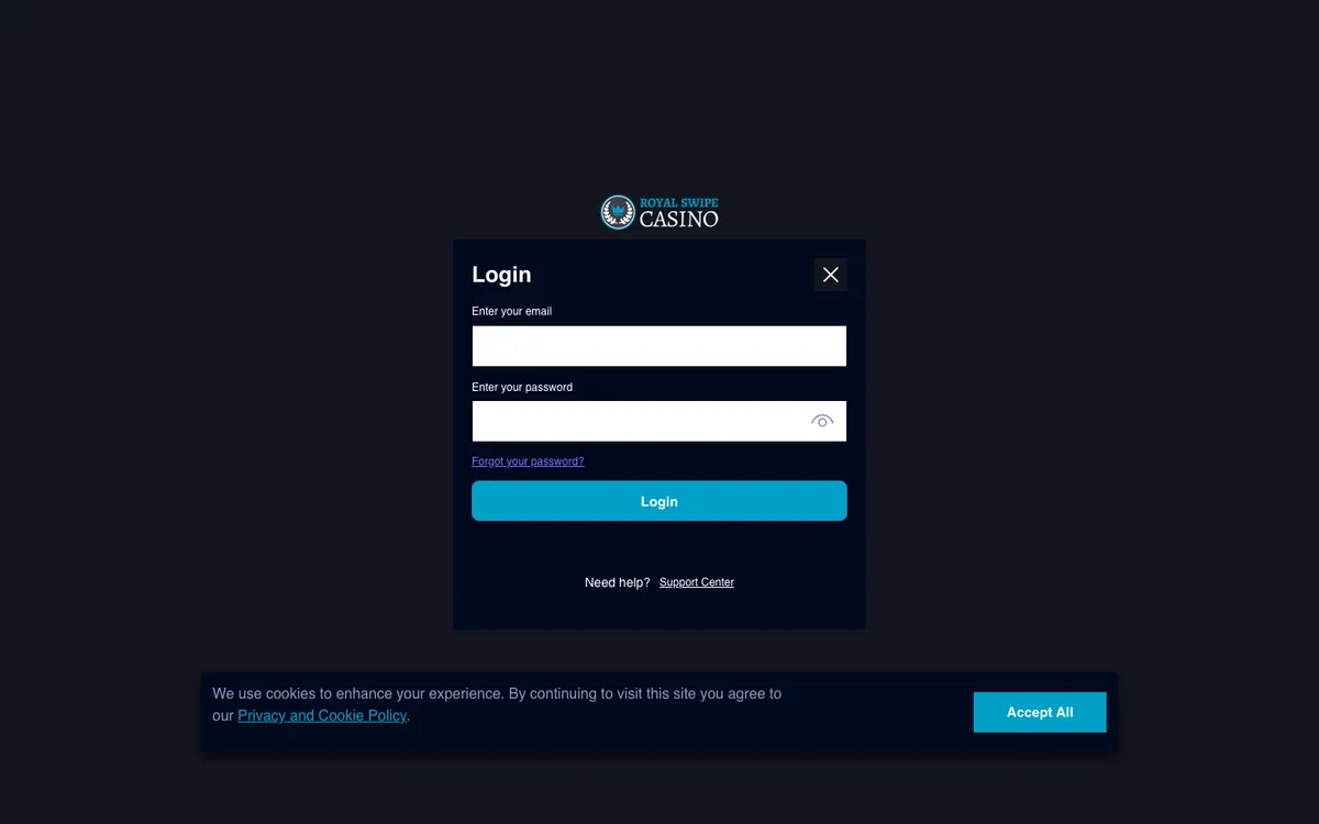Royal Swipe Casino — «Регистрация», снято из страны Австрия