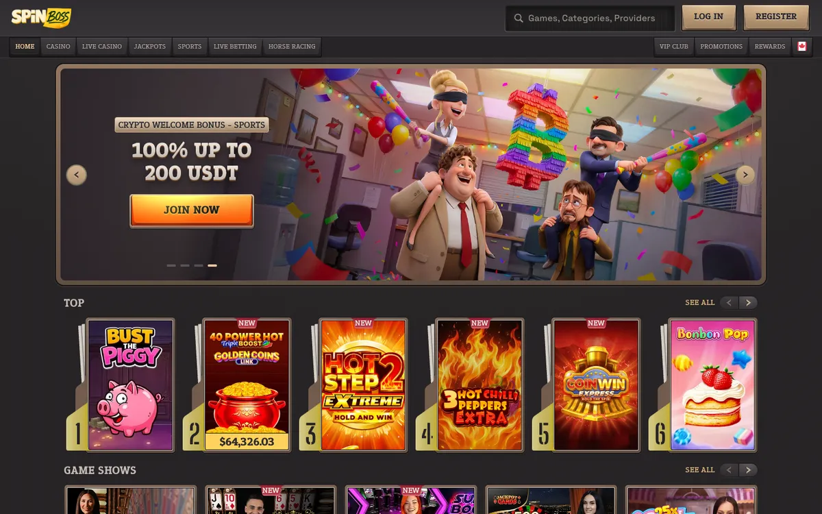 SpinBoss Casino — Home page, captured from Canada