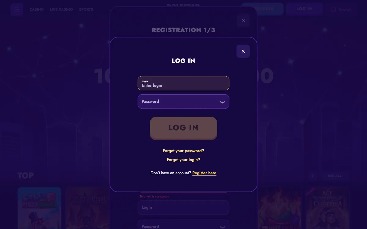 Polestar Casino — «Регистрация», снято из страны Финляндия