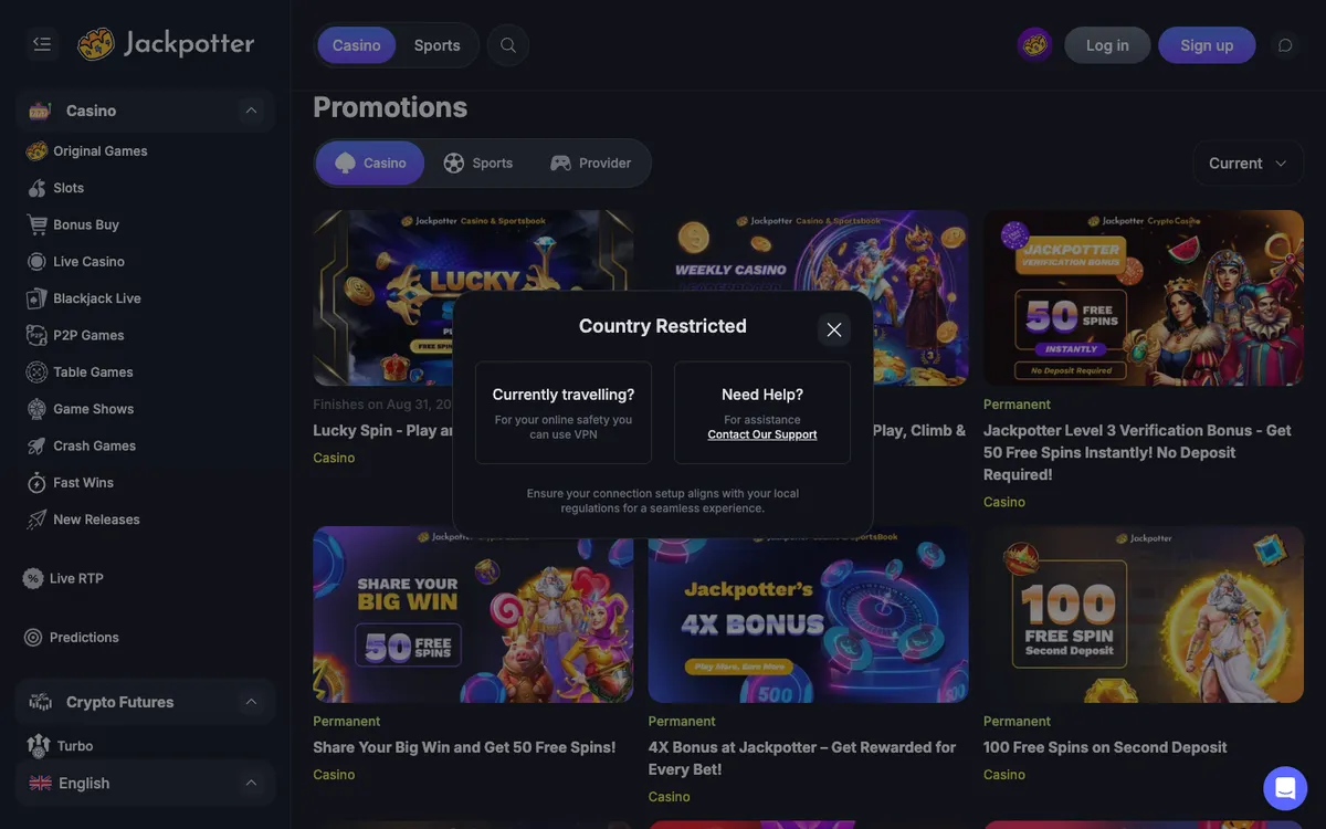 Jackpotter Casino — «Акции», снято из страны Великобритания