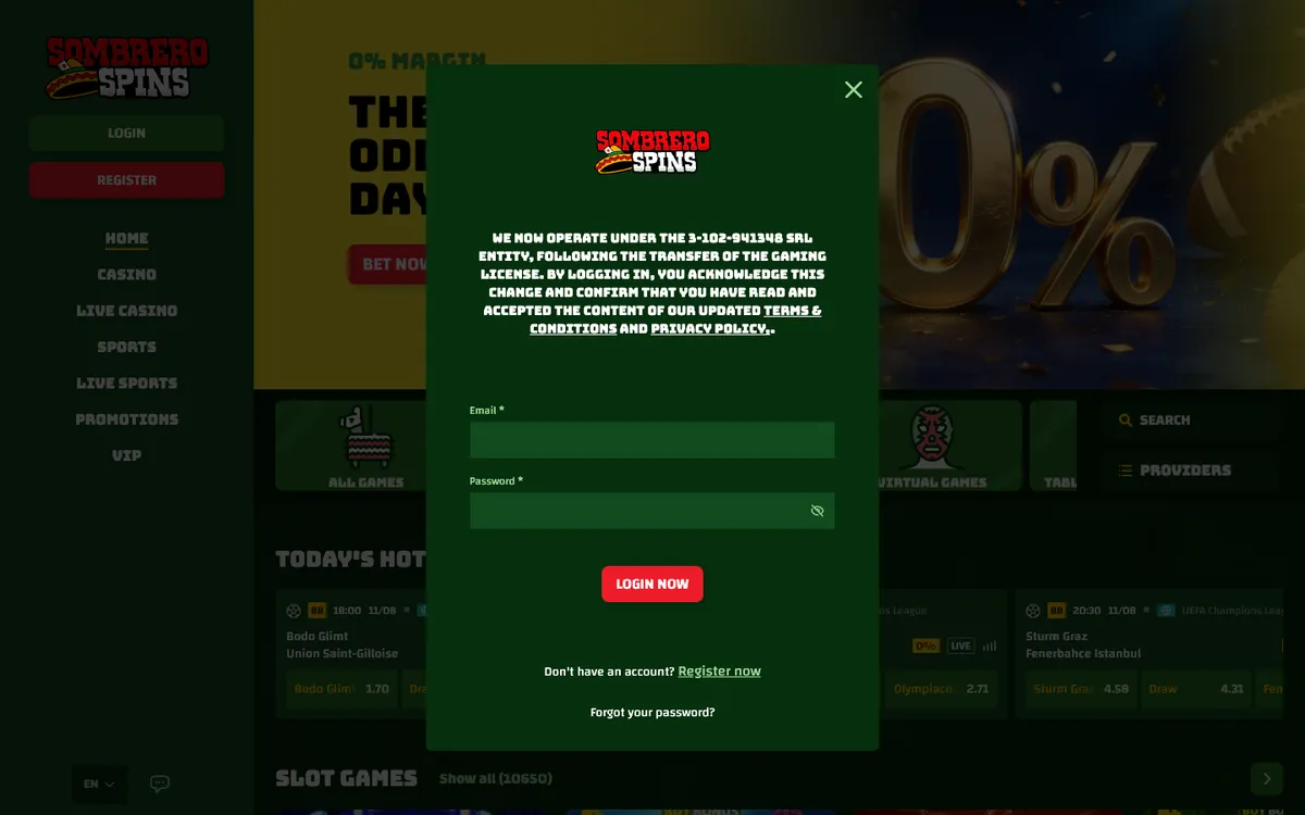 Sombrero Spins Casino — Sign-up, captured from Portugal