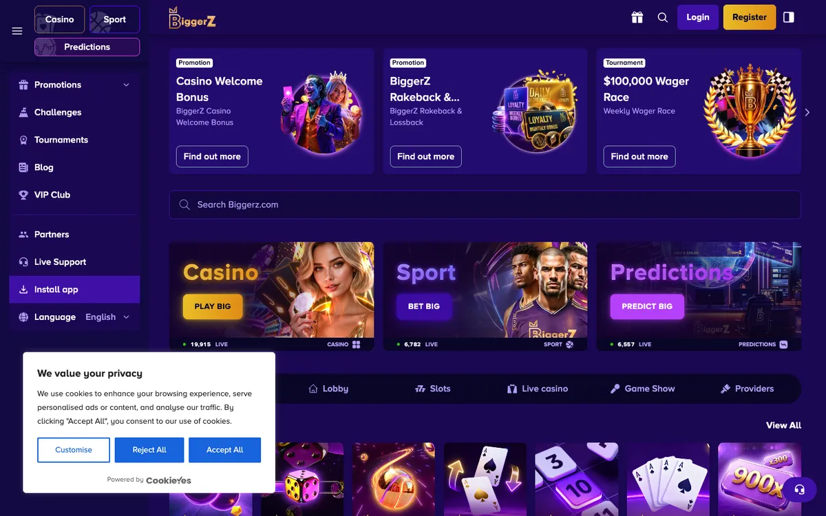 BiggerZ Casino — Home page, captured from Malaysia