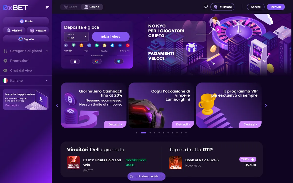 0x.bet Casino — Home page, captured from Italy