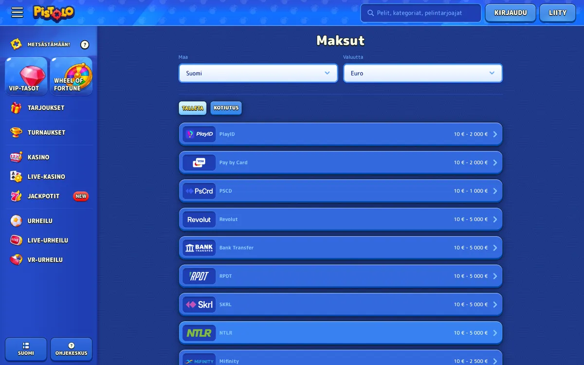 Pistolo Casino — Payments, captured from Finland