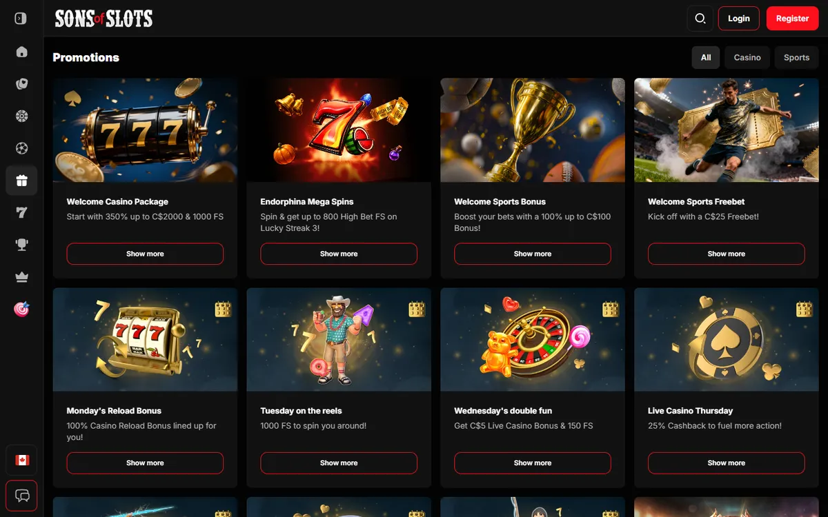 Sons of Slots Casino — Promotions, captured from Canada