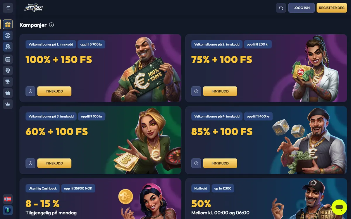 Gangsta Casino — Promotions, captured from Norway