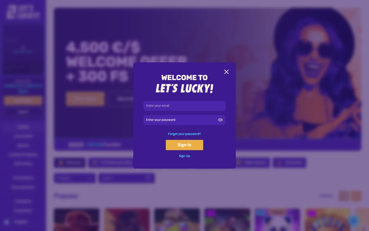 LetsLucky Casino — «Регистрация», снято из страны Южно-Африканская Республика