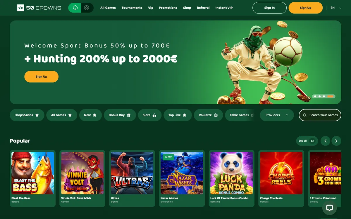50 Crowns Casino — Home page, captured from Norway
