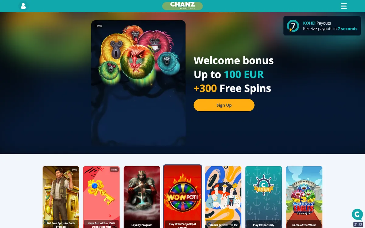 Chanz Casino — Home page, captured from Finland