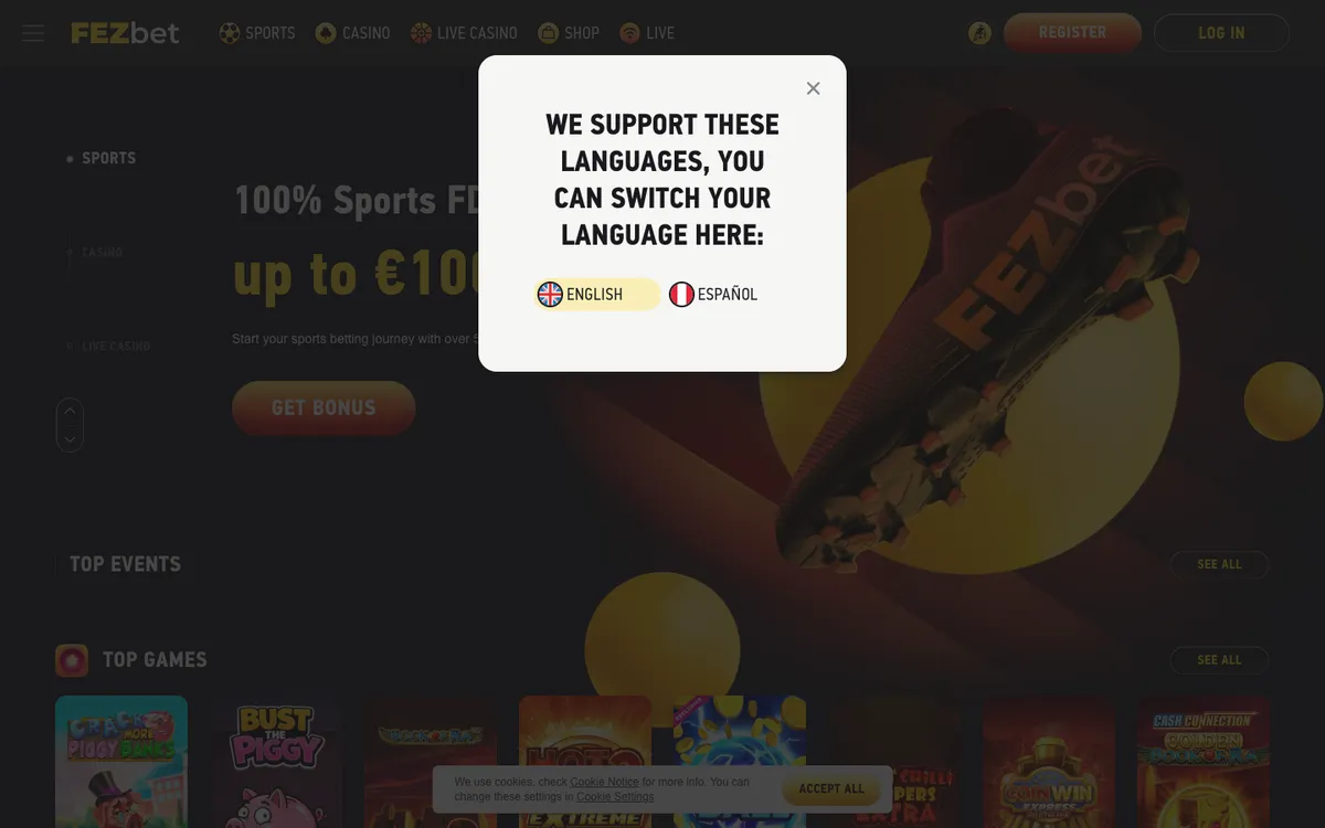 FEZbet Casino — Home page, captured from Peru