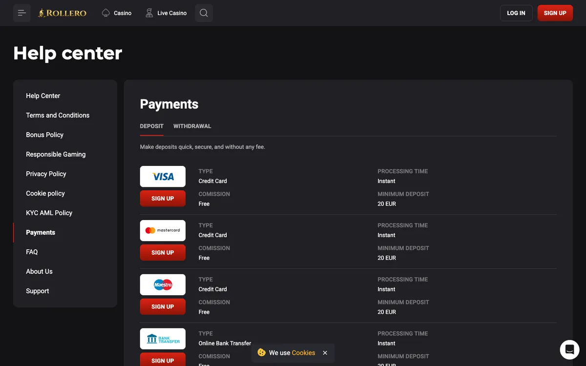 Rollero Casino — «Платежи», снято из страны Южно-Африканская Республика