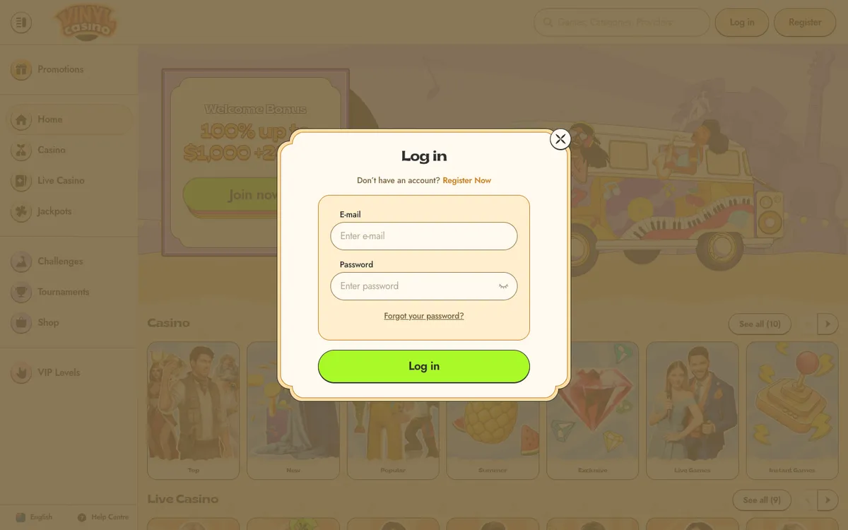 Vinyl Casino — Sign-up, captured from New Zealand
