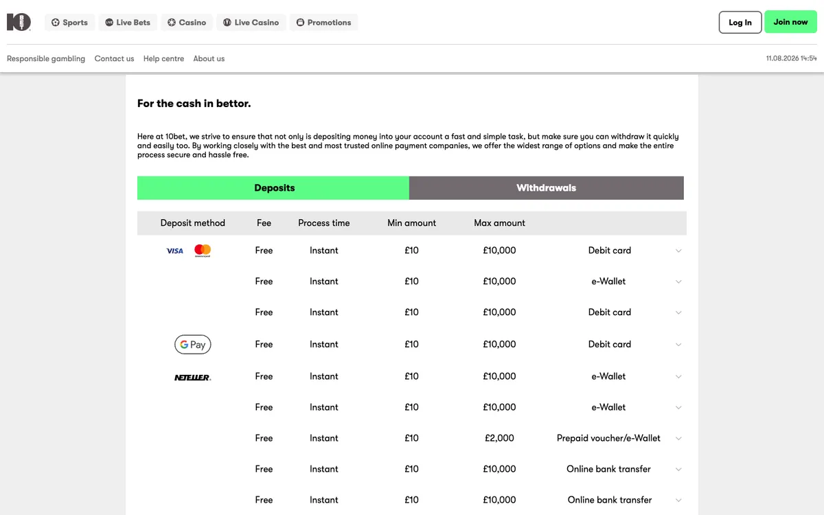 10bet UK Casino — Payments, captured from United Kingdom