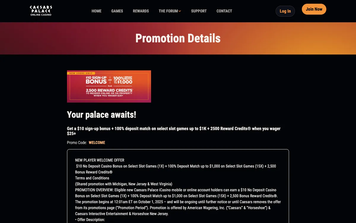 Caesars Palace Casino USA — Promotions, captured from United States