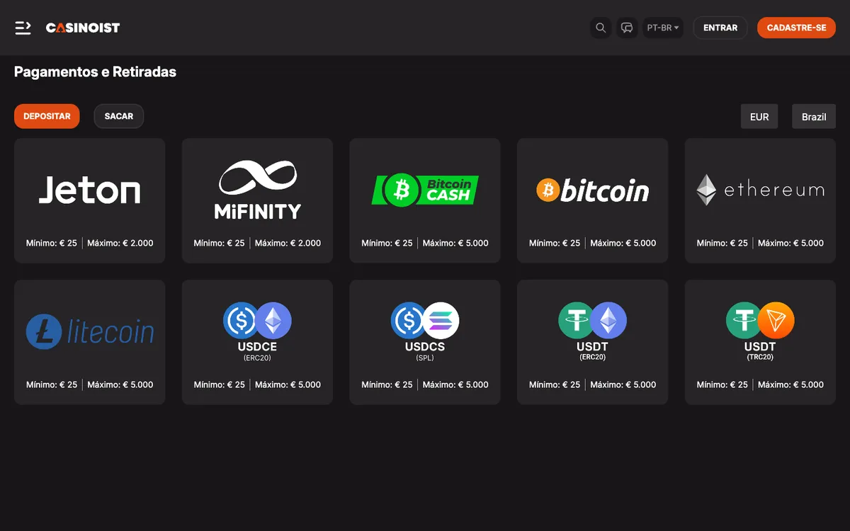 Casinoist Casino — «Платежи», снято из страны Бразилия