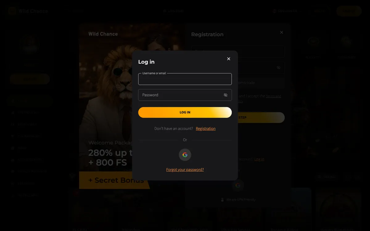 Wild Chance Casino — Sign-up, captured from Canada