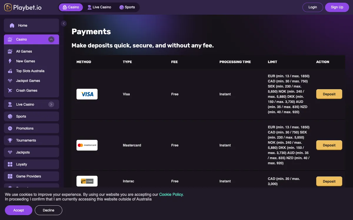 Playbet.io Casino — Payments, captured from Australia